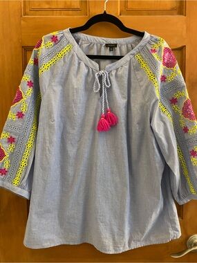 Talbots XL lace embroidered chambray peasent blouse
